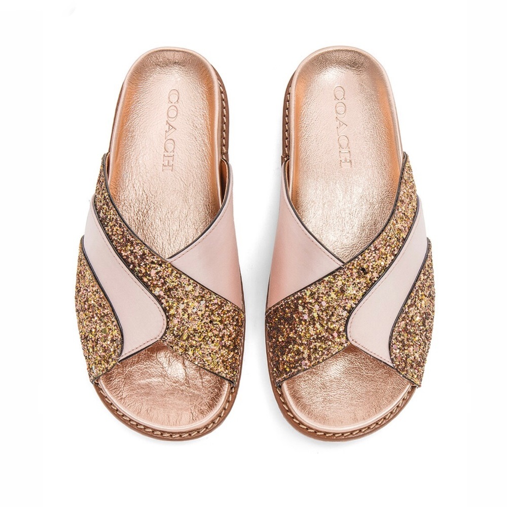 COACH Rose Gold & Pink Glitter Slide Flat Pool Slide